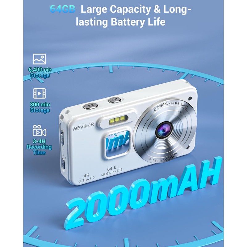Digital Camera 4K 64GB, Wevoor 64MP Autofocus Camera with 2.8