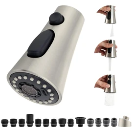 Hibbent Kitchen Sink Faucet Head Replacement, 3-Function Pull Down Sprayer Nozzle with 15 Adapters, Compatible with Delta, Kohler, American Standard, Moen Faucets, Brushed Nickel