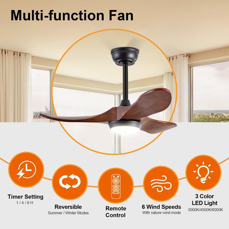 BOJUE Solid Wood Ceiling Fans With Lights, 36 Inch Modern