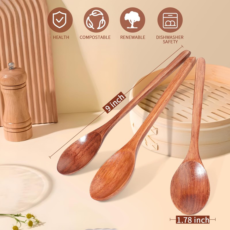 AERZIP 9 Inch Wooden Spoons for Eating Mixing Stirring Soda