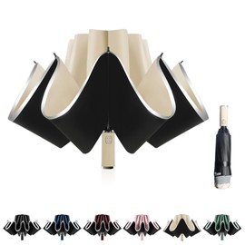Sykrawki Windproof Inverted Umbrella with 10 Ribs, Automatic Open/Close, Compact, Diameter 105 cm - For Men and Women, beige
