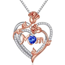 Iefil Christmas Gifts for Mom Jewelry - 925 Sterling Silver Rose Heart Birthstone Necklace, Mom Birthday Gifts Valentines Mothers Day Gifts for Mom from Daughter, Sterling Silver, Created Sapphire