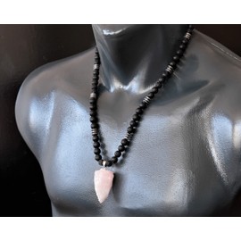 Natural Raw Rose Quartz Pendant, Genuine Lava Stone Beaded Necklace, Black Necklace, Gemstone Strong Necklace, 8mm Beads, Meditation Jewelry, Healing Crystal Chakra Necklace, Unique Stone Necklace