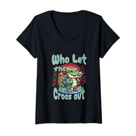 Womens Who Let The Crocs Out Hiking Backpack Gator Croc Trekking V-Neck T-Shirt