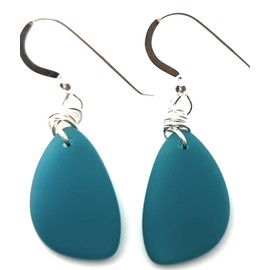 Ocean Blue Sea Glass Earrings on Sterling Silver Hooks with Charming Hand Wrapped Wire Knot by Aimee Tresor Jewelry
