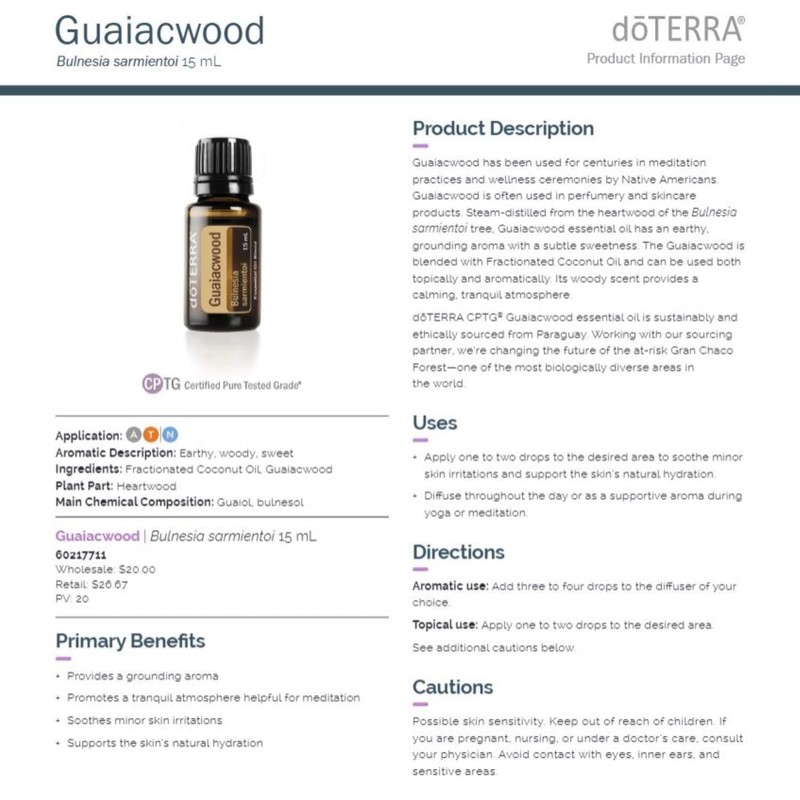 doTERRA Guaiacwood - Calming Oil Helpful for Meditation - 15ml