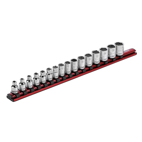 ARES 60128-3/8-Inch Drive Magnetic Socket Organizer - Aluminum Rail Stores up to 16 Sockets and Keeps Your Tool Box Organized