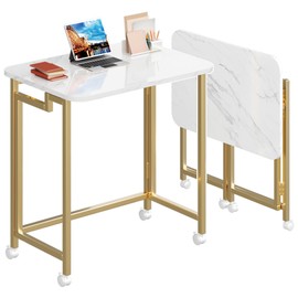 4NM 23.6" Mobile Small Folding Desk, Simple Assembly Compact Computer Laptop Cart Desk, Mini Couch Table Study Writing Table for Small Space Offices - White and Golden