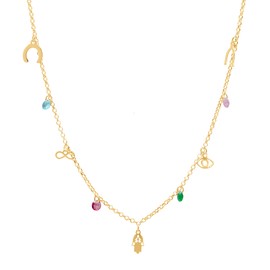 WANDA PLATA Lucky Pendant Necklace 925 Sterling Silver Gold-Plated for Woman with Hand of Fatima, Horseshoe, Infinity and Turkish Eye, with Adjustable Chain 40 cm - 45 cm, Sterling Silver, No Gemstone