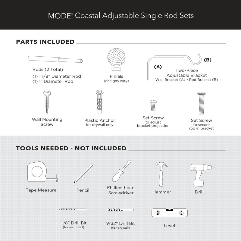 MODE Coastal Collection 1 1/8" Diameter Curtain Rod Set with
