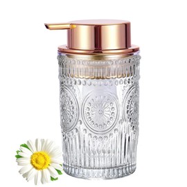 Glass Soap Dispensers with Red Copper Pump Head, Large Bottle Mouth, Liquid Soap Dispenser for Kitchen and Bathroom, Heavey Sunflower Glass Cup 400ml/13.5oz - 1 Pack