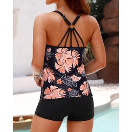 Yonique Two Piece Tankini Swimsuits for Women with Shorts Tummy Control Bathing Suits Athletic Swimwear Black and Orange Floral M