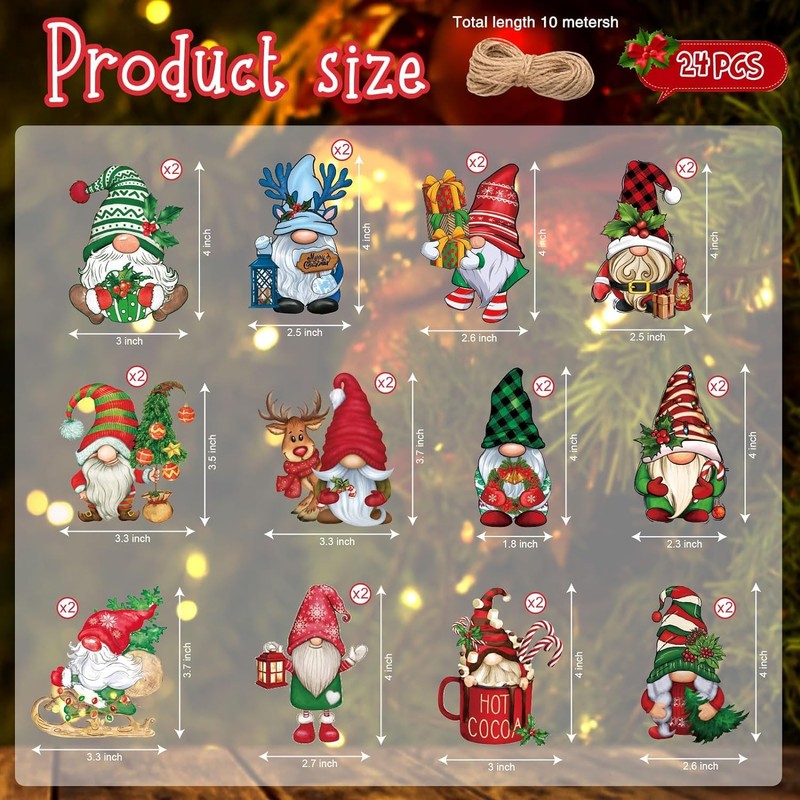 Fvviia 24pcs Christmas Gnome Wooden Hanging Ornaments,Gnome Wood Ornaments for