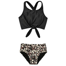 Mirawise Girls Swimsuit Two Piece Tankini Bikini 6X 7 Age Year Old Bathing Crop Suits Black Leopard