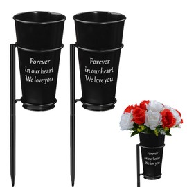 Metal Cemetery Vase, Memorial Headstone Vase with Ground Spikes for Fresh/Artificial Flowers, Flowers Holder for Cemetery Gravesite (Black-2PCS), Flowers is not included