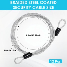 12 Pack 4ft Security Cable Lock, 3mm Steel Cable with Loops Braided Steel Coated Wire Rope Luggage Bike Lock Safety Double Loop for U Locks, Padlock and Disc Locks (48Inch)