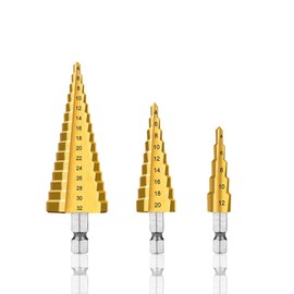 3Pcs Step Bits Set Hss High Speed Steel Step Drill Bits 4-12/4-20/4-32 mm Hex Shank Cone Cutter for Wood Stainless Steel Sheet Metal Aluminum DIY