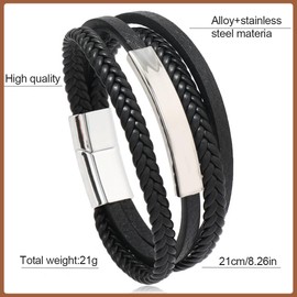 BCHKO Gift for Men Bracelet Learner Bracelet Leather Bangle Braided Genuine Leather Wide Wrap Bracelet with Magnetic Clasp (Black), Cowhide leather, stainless steel