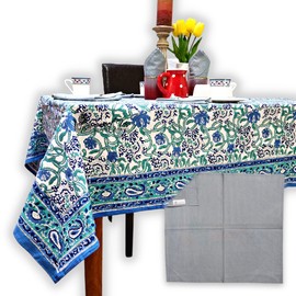 Sweet Us Paisley Paradise Floral Cotton Block Print Tablecloth and One Gray Napkin, Floral Kitchen Dining Table Cloth, Table Cover for Indoor and Outdoors, Emerald Bay, 60 x 60 in