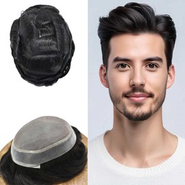 Toupee For Men Real Human Hair Replacement System Fine Mono Lace Mens Toupee Durable Hairpieces For Men Thin Skin Poly PU Hair Piece Monofilament Wigs7x9"#1B Off Black