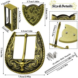 3Pcs Western Replacement Belt Buckles 1.5"(38mm) LongHorn Bull Engraved Single Prong Square Buckle Vintage Cowboy Rodeo Reversible Belt Accessory for Men Women Gold