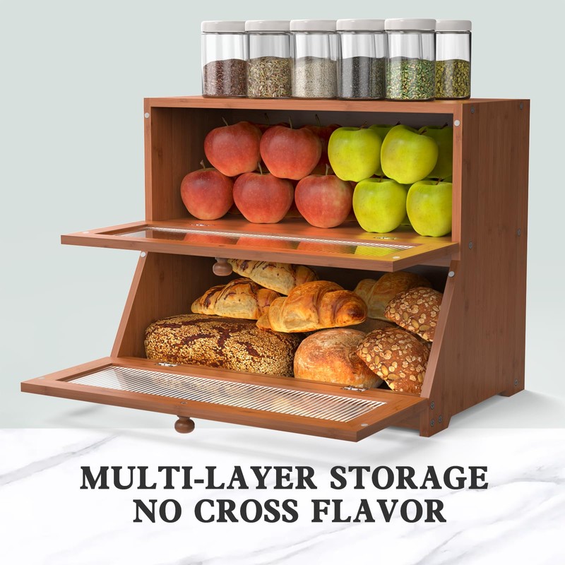 LOHASOK Double Layer Bamboo Bread Box for Kitchen Counter-Large Capacity