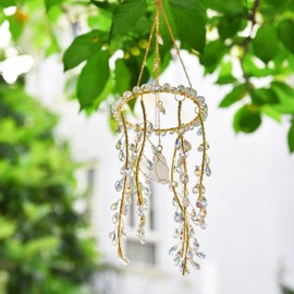 Crystal Hanging Suncatcher with Natural Stone, 16.9 Inch Decorative Wind Chime, Gold Chain & Branch Design (Aurora)
