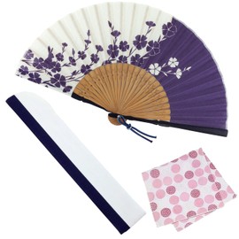 Osaka Chouseido Folding Fan, Women's, Fashionable, Business, Folding Fan Bag, Handkerchief Included, Nadeshi Rabbit, navy