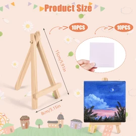 AMFUN Mini Easel with Art Canvas, Mini Canvas and Easel, Wooden Artist Tripod for Party Drawing,Oil Painting,Tabletop Art and Handicrafts (10 Pack) - L10 x W10cm (3.93 x 3.93 inches)