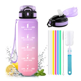 JAPORIA Borraccia Sportiva 1L, Borraccia con Cannuccia, a Prova di Perdite, Bottiglia con Cannuccia, Bottiglia Acqua con Indicatore del Tempo, per Scuola, Ufficio, Gym
