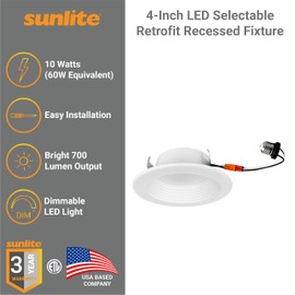 Sunlite 41737 4-Inch Retrofit Recessed Downlight, 10W (60W=), 700 Lmns, Color Selectable 27K/30K/35K/40K/50K, 90 CRI, Dimmable, ETL Listed, White, for Entryways, Hallways & Residential Use, 6-Pack