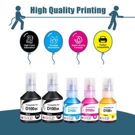 D100 Ink Refill Bottles Value Pack Compatible Replacement for Brother D100 Ink Bottles Compatible for DCP-T230 T236 T238 T430 T435W T436W T439W Printers (5-Pack, 2Black 1Cyan 1Magenta 1Yellow)
