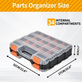 Small Parts Organizer, 34-Compartments Hardware Organizer Box, Double Side Storage Case Tools Box with Removable Dividers for Screws, Bolts, Nails, Beads, Jewelry & More
