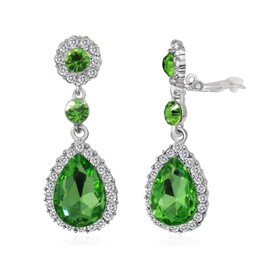 Gorgeous Austrian Crystal Clip on Earrings Wedding Bridal Tear Drop Dangle Earrings (Clip on Green)