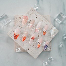 Tesytto Beach Almond Press on Nails - 10pcs Long French Tip with 3D Pearl Butterfly Flower Charms, Handmade Stick On Nails for Summer & Vacation Nail Art (Tropical Flair,M)