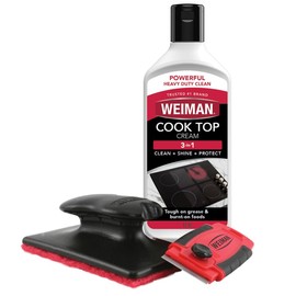 Weiman Glass Cooktop & Stove Top Cleaner Kit, Removes Grease & Burnt-On Food, Safe for Gas, Induction, Electric Cooktops & Air Fryers, Streak-Free Shine, Includes Stove Scraper & Scrubbing Pad, 10 oz