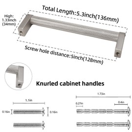 POVEFONK 10 Pack 5 inch(128mm) Brushed Satin Nickel Kitchen Cabinet Handles Knurled Cabinet Pulls Silver Drawer Pulls Kitchen Cabinet Hardware Handles Drawer Pulls Dresser Handles