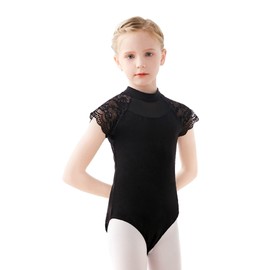 High Neck Black Dance Leotards for Girls, Lace Ruffle Sleeve Ballet Attire for Recitals, Performance, Skating, Gymnastics