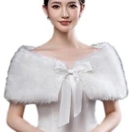 Bridal Stole Faux Fur Festive Stole Women's Elegant Evening Stole with Bow Bridal Scarf Winter Warm Bridal Jacket Wedding Dress Party Evening Dress Winter Autumn Stole for Women Girls, White