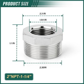 GORAGUCHI - 2 bujes hexagonales reductores de acero inoxidable 304, 2 pulgadas NPT macho x 1-1/4 pulgadas NPT hembra, adaptador de tubo reductor para aire, combustible, agua, gas/aceite
