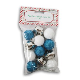 Miniature Christmas Tree or Wreath Trim Kit - Ornaments, Jingle Bells, Hanging Thread (White, Blue, and Silver)