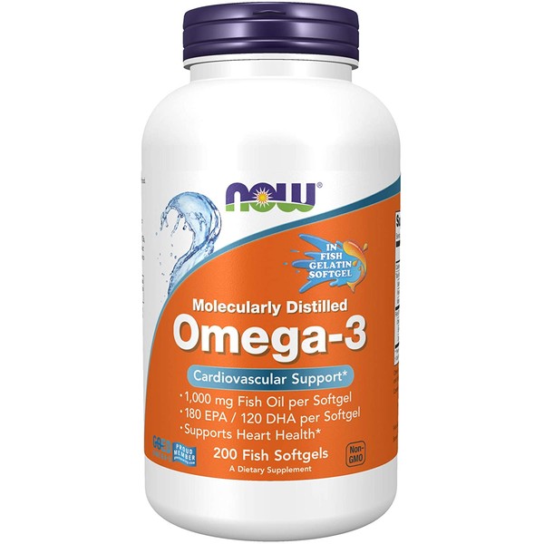 NOW Foods NOW Supplements, Omega-3 180 EPA / 120 DHA, Molecularly Distilled, Cardiovascular Support*, 200-Fish Gelatin Softgels