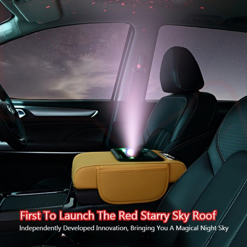Car Armrest Pad with LED Starry Sky Light, Dual Type-C