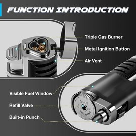 LcFun Butane Lighter 1 Pack Triple Jet Flame Torch Lighters Butane Refillable Gas Lighter Adjustable Windproof Pocket Lighter for Men - Butane Not Included (1 Pack Black) - Color: Double Black