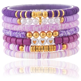 CCINPPY Friendship Bracelets Trendy Heishi Clay Bead Bracelets Stack Gold Beaded Stretch Bracelets for Women Boho Stackable Bracelets Bulk Cute Preppy Jewelry Christmas Birthday Gift, Purple