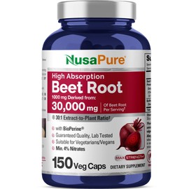 NusaPure Beet Root 30:1 Extract, 1000 mg Equivalent to 30,000 mg 150 Veggie caps (Vegan, Non-GMO & Vegan 4% Nitrates) Bioperine