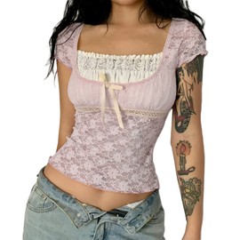 Women Fairy Grunge Y2k Shirts Square Neck Lace Trim Patchwork Tops Short Sleeve Low Cut Basic Aesthetic Tops (Lace Pink, S)