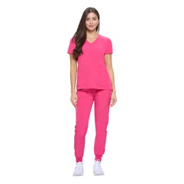 ACTIVE UNIFORMS Women's Essential Scrub Set Cool Stretch Jogger Scrub Top and Pant Nursing Uniform Clearance Workwear (Hot Pink, XX-Large)