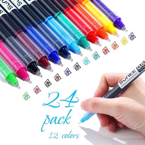 SUNEE Rollerball Pens 24 Pcs (12 Colors), Quick-Drying Ink 0.5 mm Extra Fine Point Pens Liquid Ink Pen, Rollerball Colored Pens for Writing, Note taking and Drawing, Multicolor