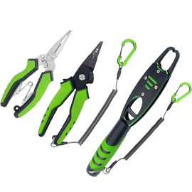 3Pcs Portable Fishing Pliers Fish Lip Gripper Set, Stainless Steel Aluminium Fish Grabber Holder with Scale and Lanyard 33lbs